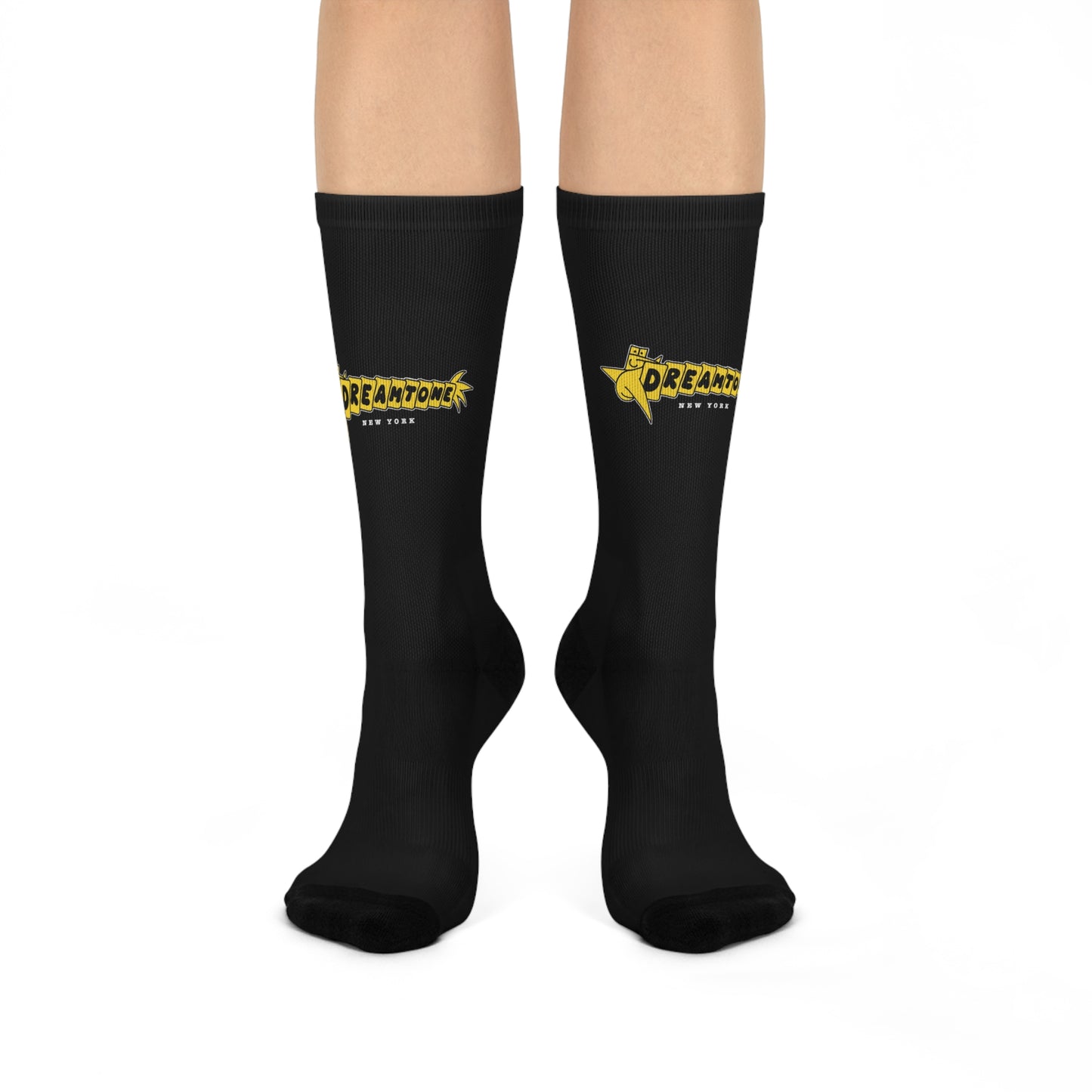 Dreamtome Logo Cushioned Crew Socks — Black Retro Star Graphic